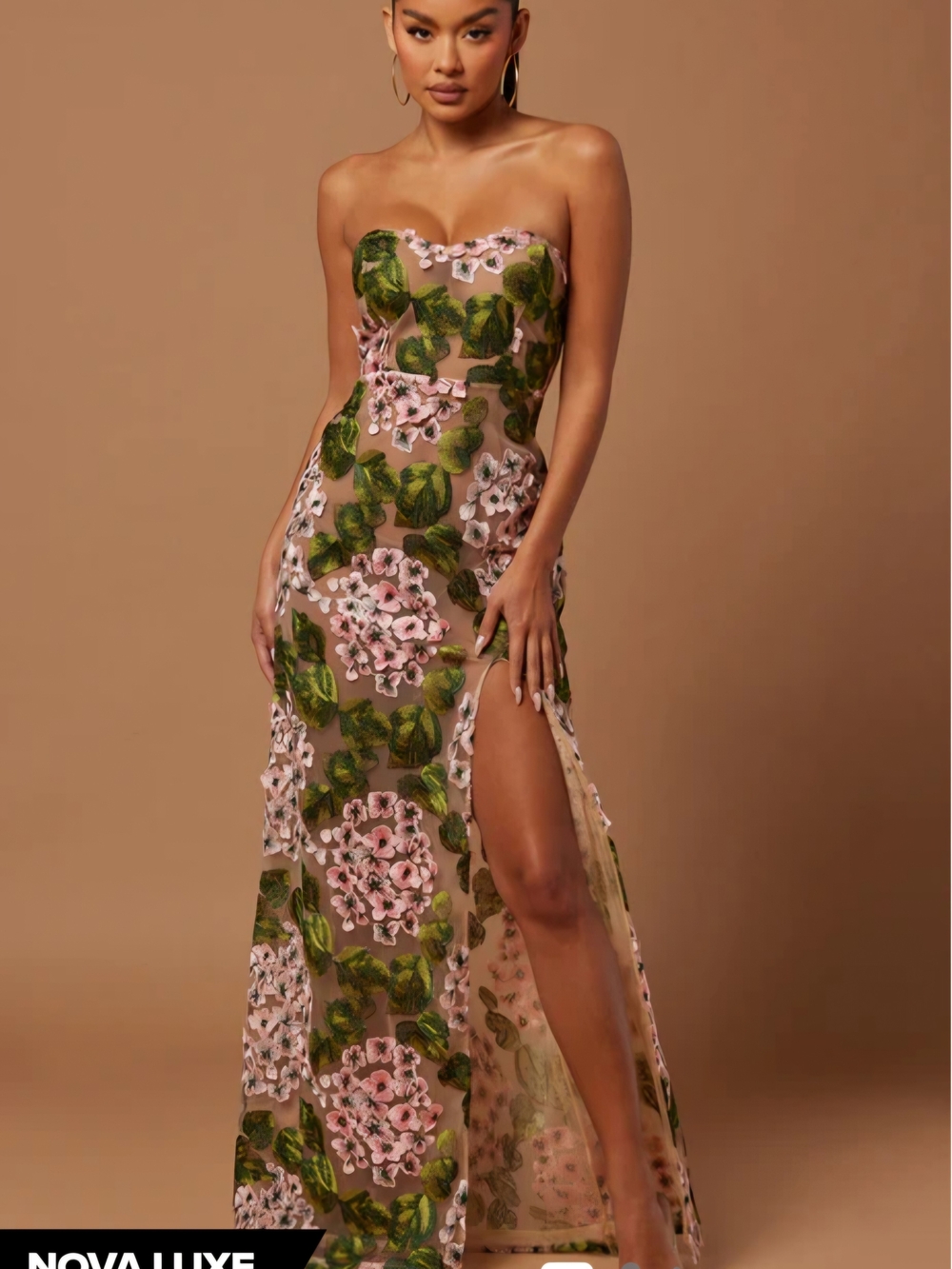 Fashion Nova Strapless Pink Floral Embroidered Gown with Green Leaf Accents